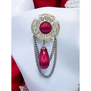 Victorian Revival Brooch Red Faux Draping Dangle Swag Chain Estate Jewelry Pin